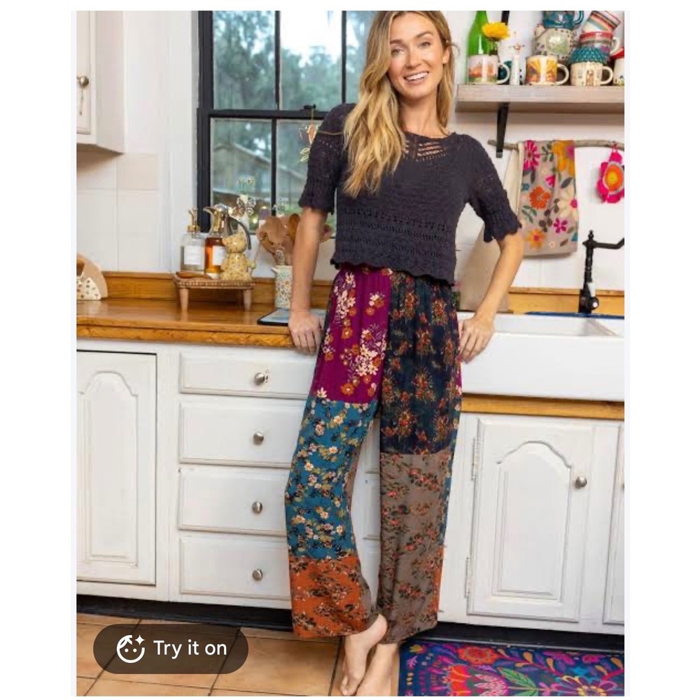 Natural Life Patchwork Floral Wide Leg Pants XL Boho Festival Hippie Fairycore